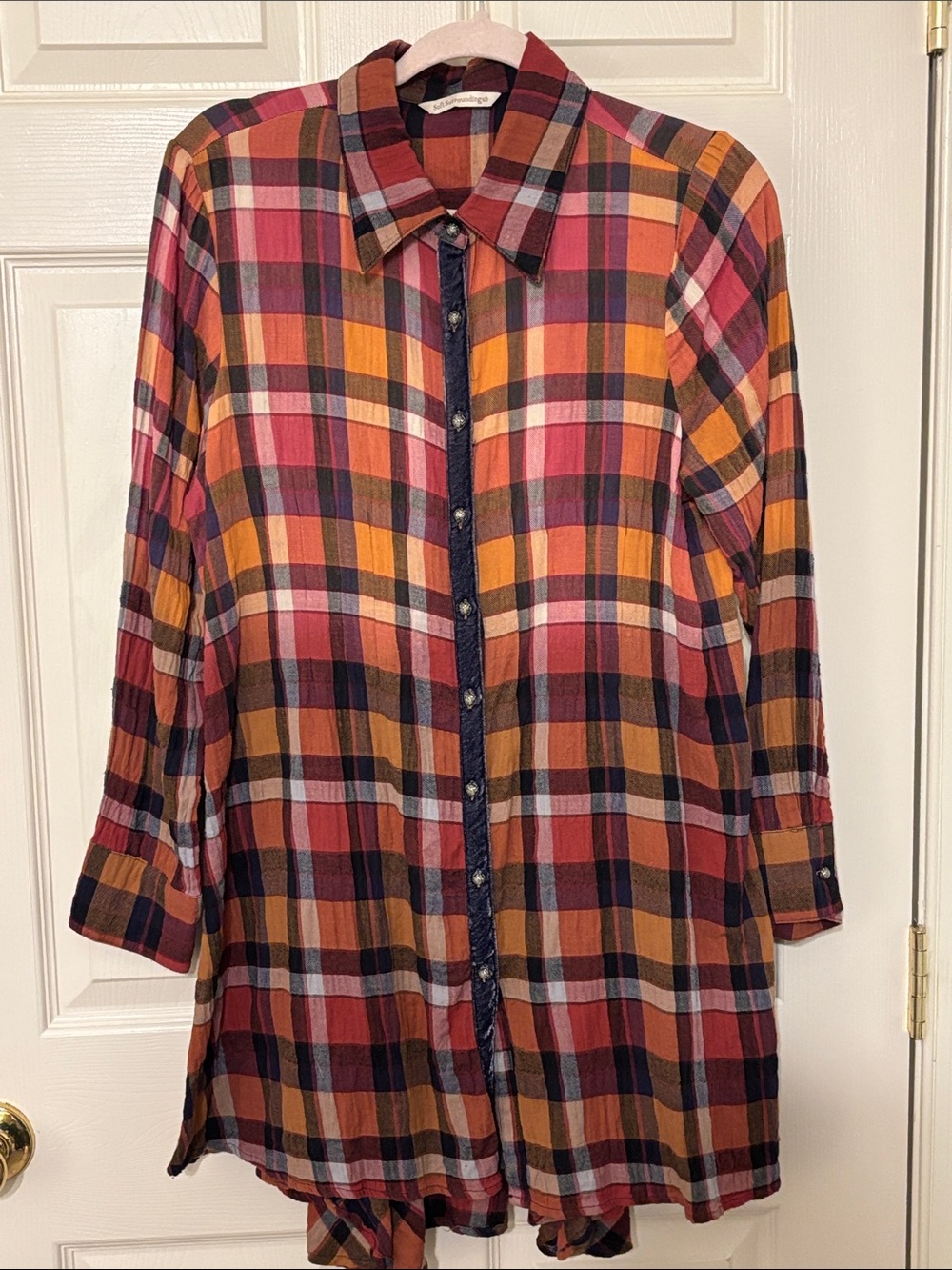Soft Surroundings Orange Red Black Plaid Shirt